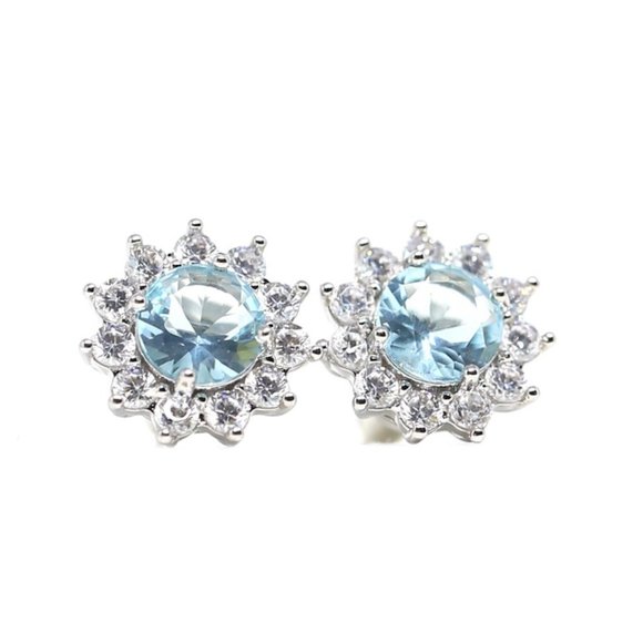 18k Gold Dipped Halo Blue Aqua Topaz Earring Studs - Picture 5 of 9